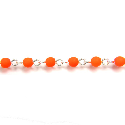 Linked Bead Chain Rosary Style with Glass Pressed Bead - Round 4MM MATTE NEON ORANGE-SILVER