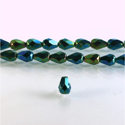 Czech Glass Fire Polish Bead - Pear 07x5MM Full Coated IRIS GREEN