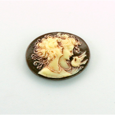 Plastic Cameo - Double Heads Oval 25x18MM ANTIQUE IVORY BROWN