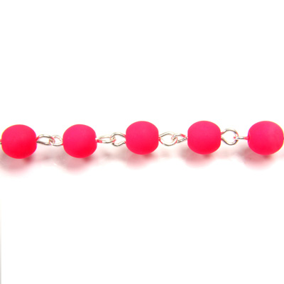 Linked Bead Chain Rosary Style with Glass Pressed Bead - Round 6MM MATTE NEON PINK-SILVER