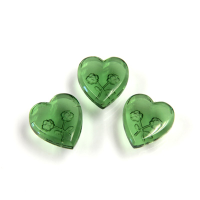 German Glass Flat Back Reverse Carved Intaglio Back 2 Rose Heart 12x11MM GREEN TURMALINE