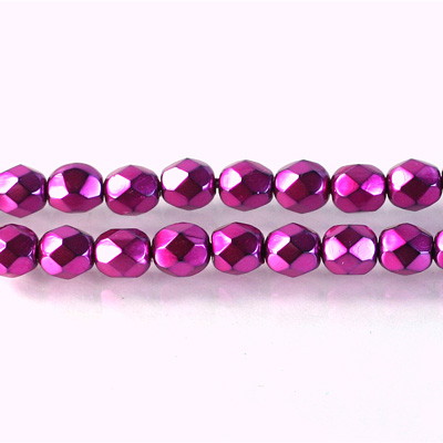 Czech Glass Pearl Faceted Fire Polish Bead - Round 06MM HOT PINK ON BLACK 72195