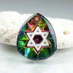 German Glass Engraved Buff Top Intaglio Pendant - STAR OF DAVID Shield 22x18MM HELIO RED WHITE