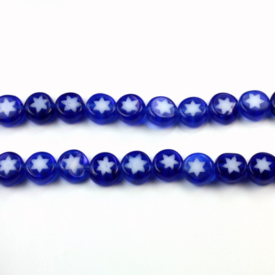 Glass Millefiori Bead - Flat Round 06x3MM BLUE WHITE STAR (08)