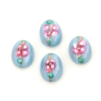 Glass Medium Dome Lampwork Cabochon - Oval 14x10MM PINK ON AQUA (04866)