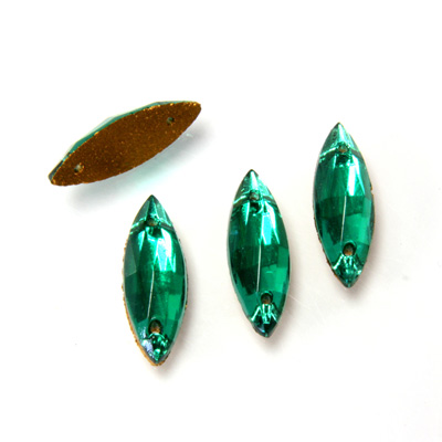 Glass Flat Back 2-Hole Sew-On Stone - Navette 14x5MM EMERALD