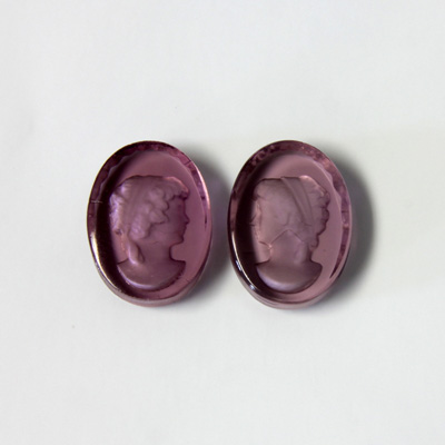 German Glass Flat Back Reverse Carved Intaglio Back Woman's Head - Oval 18x13MM AMETHYST