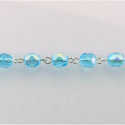 Linked Bead Chain Rosary Style with Glass Fire Polish Bead - Round 6MM AQUA AB-SILVER