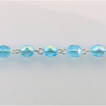Linked Bead Chain Rosary Style with Glass Fire Polish Bead - Round 6MM AQUA AB-SILVER