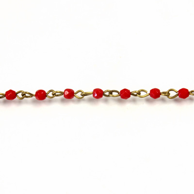 Linked Bead Chain Rosary Style with Glass Fire Polish Bead - Round 3MM RED-Brass