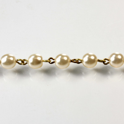 Linked Bead Chain Rosary Style with Glass Pearl Bead - Round 6MM CREME-Brass