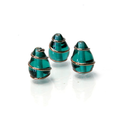 Czech Glass Lampwork Bead - Pear 13x9MM COPPER WRAP EMERALD