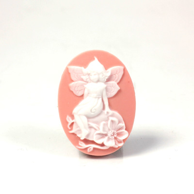 Plastic Cameo - Fairy Sitting on Garden Stone Oval 25x18MM WHITE ON PINK