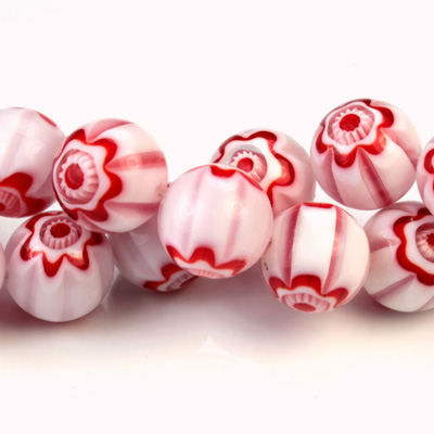 Glass Millefiori Bead - Round 12MM WHITE RED (01)