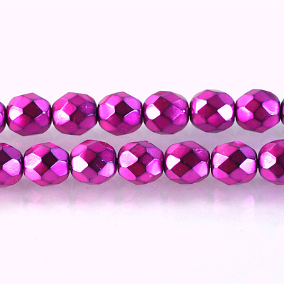 Czech Glass Pearl Faceted Fire Polish Bead - Round 08MM HOT PINK ON BLACK 72195