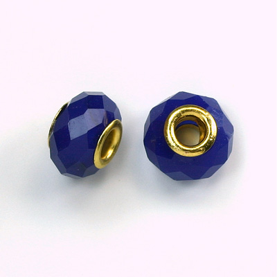 Glass Faceted Bead with Large Hole Gold Plated Center - Round 14x9MM SAPPHIRE