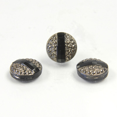 Glass Flat Back Engraved Button Top - Round 11MM MARCASITE on JET