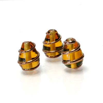 Czech Glass Lampwork Bead - Pear 15x10MM COPPER WRAP TOPAZ