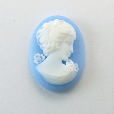 Plastic Cameo - Woman with Bow Oval 30x22MM WHITE ON BLUE