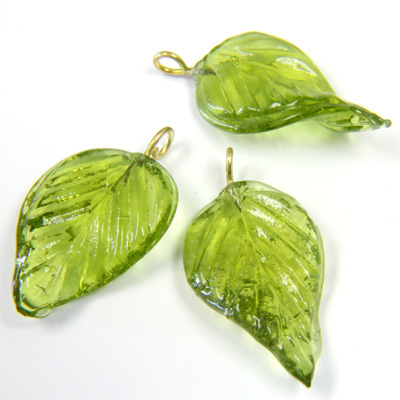Glass Pendant Leaf with Brass Loop 24x14MM OLIVE