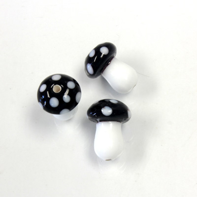 Czech Glass Lampwork Bead - Mushroom 14MM BLACK WHITE