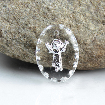 German Glass Engraved Buff Top Intaglio Pendant - EL DIVINO NINO Oval 18x13MM CRYSTAL SILVER