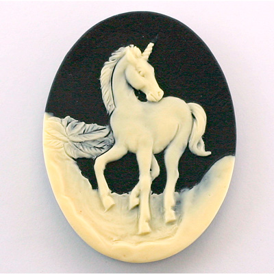 Plastic Cameo - Unicorn Oval 40x30MM IVORY ON BLACK