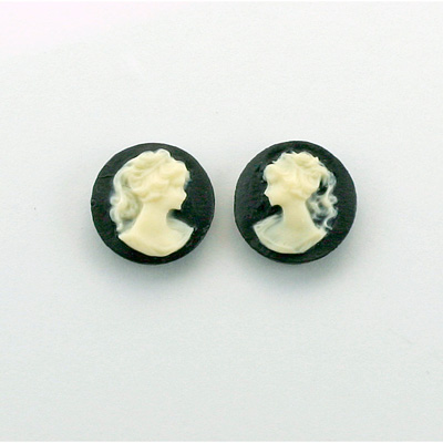 Plastic Cameo - Woman with Ponytail Round 12MM IVORY ON BLACK