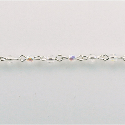 Linked Bead Chain Rosary Style with Glass Fire Polish Bead - Round 3MM CRYSTAL AB-SILVER