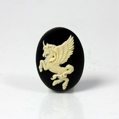 Plastic Cameo - Unicorn with Wings Oval 25x18MM IVORY ON BLACK