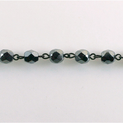 Linked Bead Chain Rosary Style with Glass Fire Polish Bead - Round 6MM HEMATITE-JET