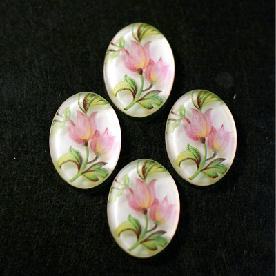 German Plastic Porcelain Decal Painting - Pink Flowers (2428) Oval 25x18MM MATTE CRYSTAL