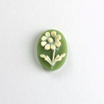 Plastic Cameo - Flower Oval 14x10MM IVORY ON OLIVE GREEN
