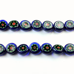 Glass Millefiori Bead - Flat Round 08x4MM LT BLUE GREEN BLACK RED (26)