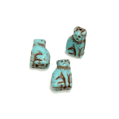 Czech Pressed Glass Engraved Bead - Cat 15MM TURQUOISE ANTIQUE