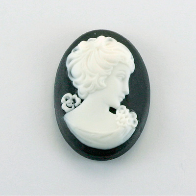 Plastic Cameo - Woman with Bow Oval 30x22MM WHITE ON BLACK