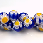 Glass Millefiori Bead - Round 12MM BLUE WHITE YELLOW (17)