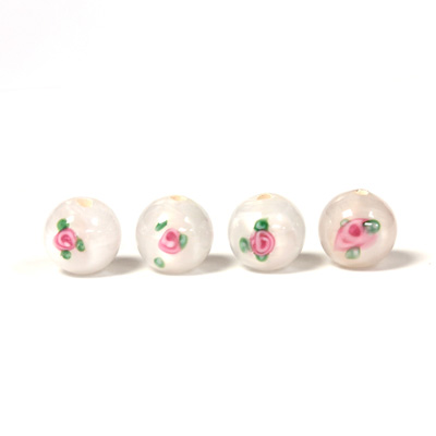 Czech Glass Lampwork Bead - Smooth Round 08MM Flower PINK ON WHITE (00048)